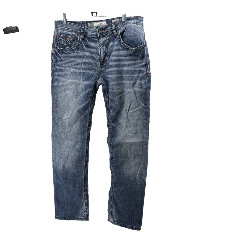 BKE Jeans Mens 32 Jake Straight Leg Blue Denim Stretch Whisker Faded Casual